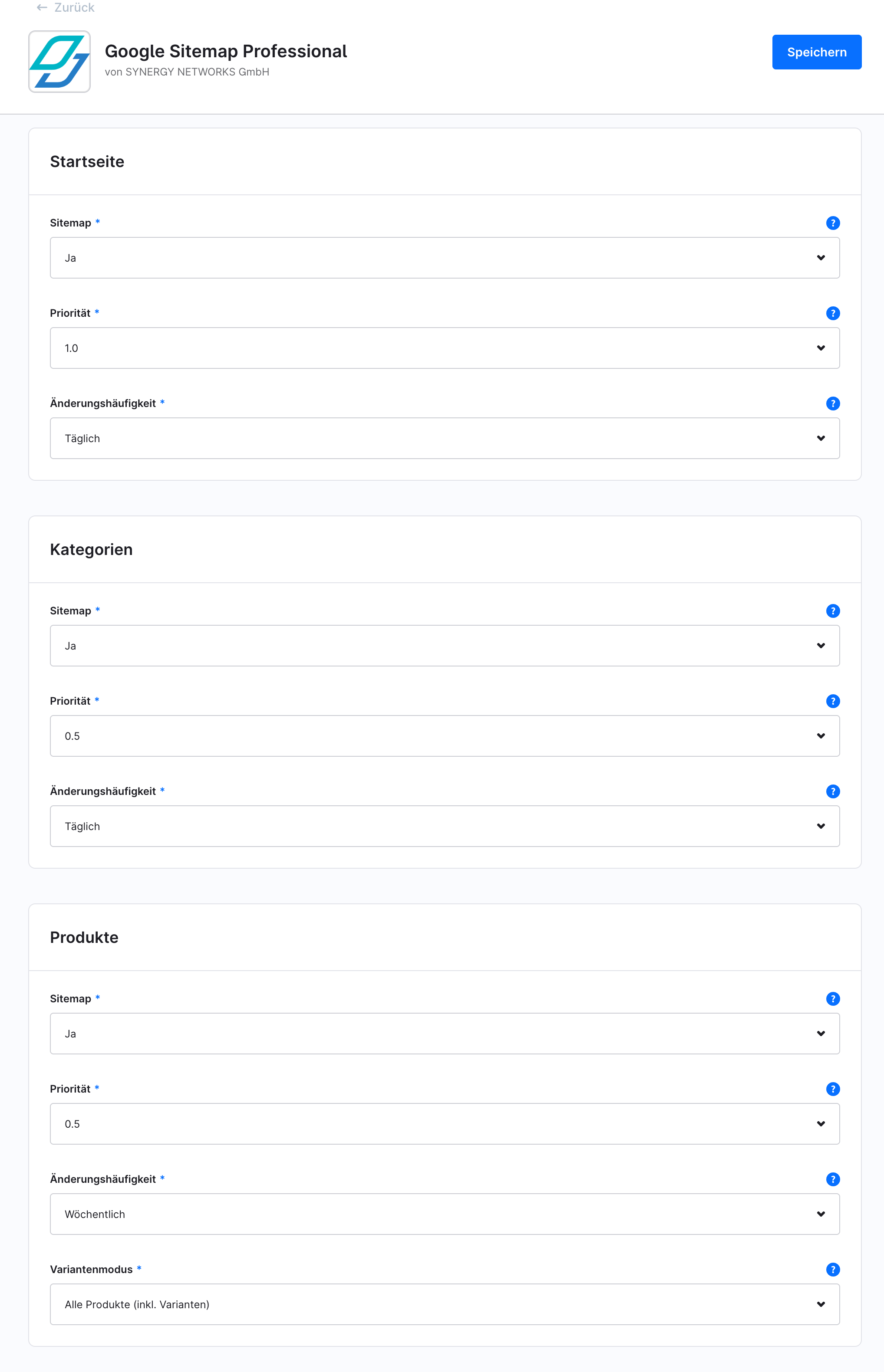 Sitemap settings per content type in the plugin configuration: homepage, categories and products with priority and change frequency